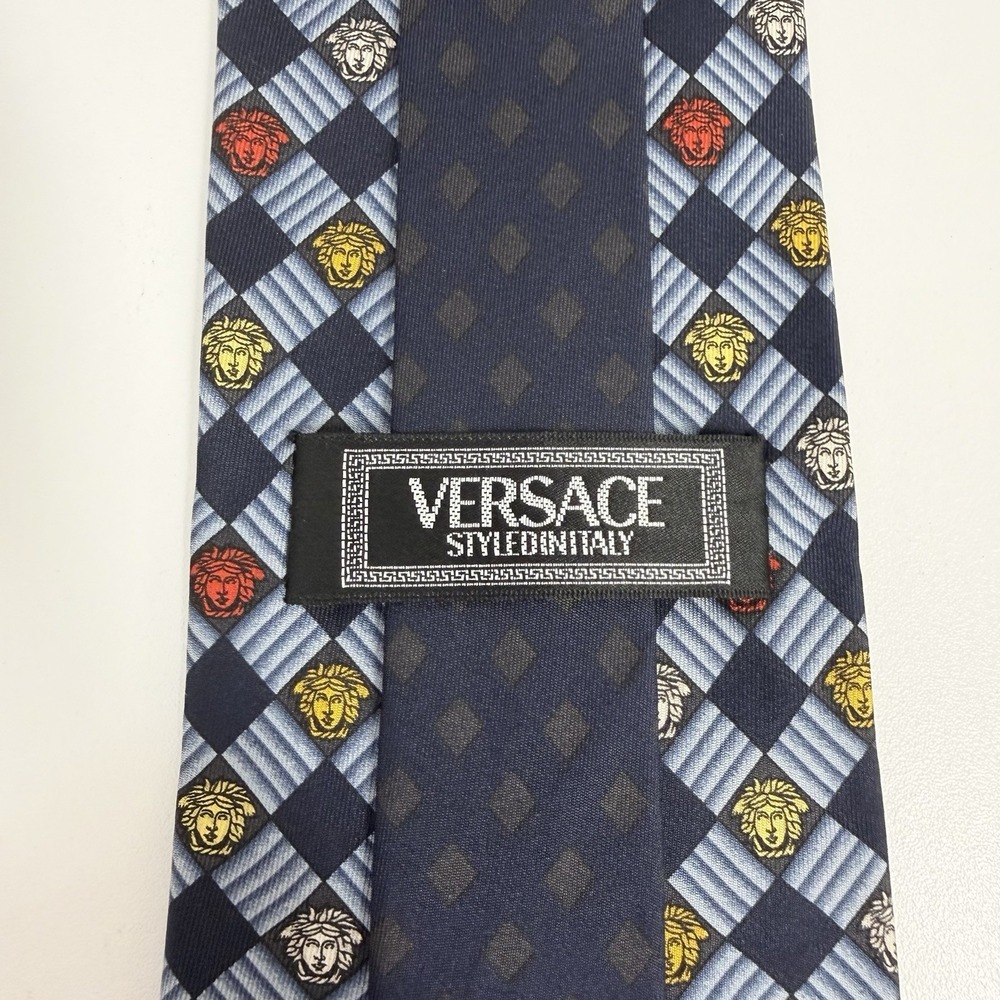 Versace Men's Tie Medusas Checkered Navy Silk Japan 3.75" (W) x 54.5" (L) euc